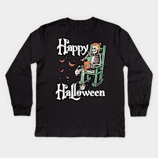 Zombie skull but coffee first  Funny Halloween Design Kids Long Sleeve T-Shirt